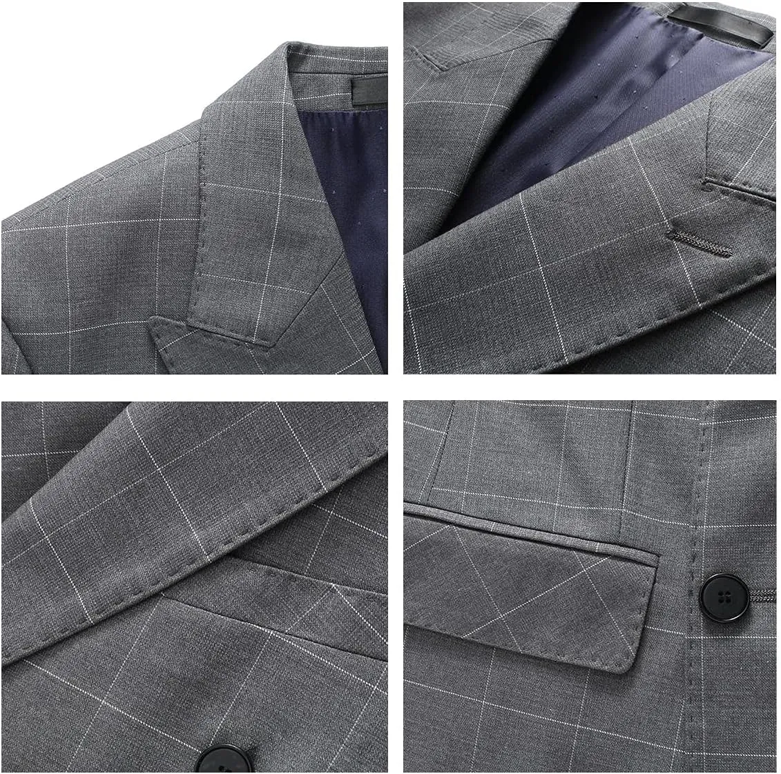 Mens Plaid 3 Piece Suits Slim Fit Double Breasted Plaid Suit Jacket Vest Pants Set Formal