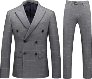 Mens Plaid 3 Piece Suits Slim Fit Double Breasted Plaid Suit Jacket Vest Pants Set Formal