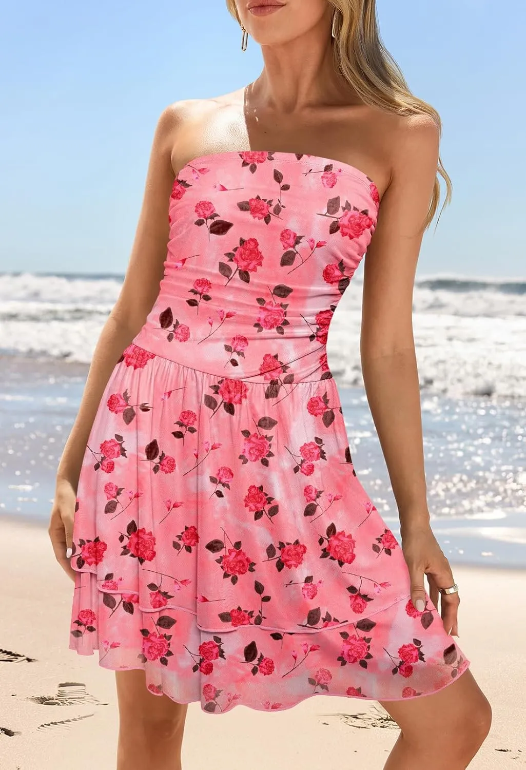 MEROKEETY Women's Summer Floral Strapless Tube Dress Boho Off Shoulder Ruffle Tiered Mini Sundress