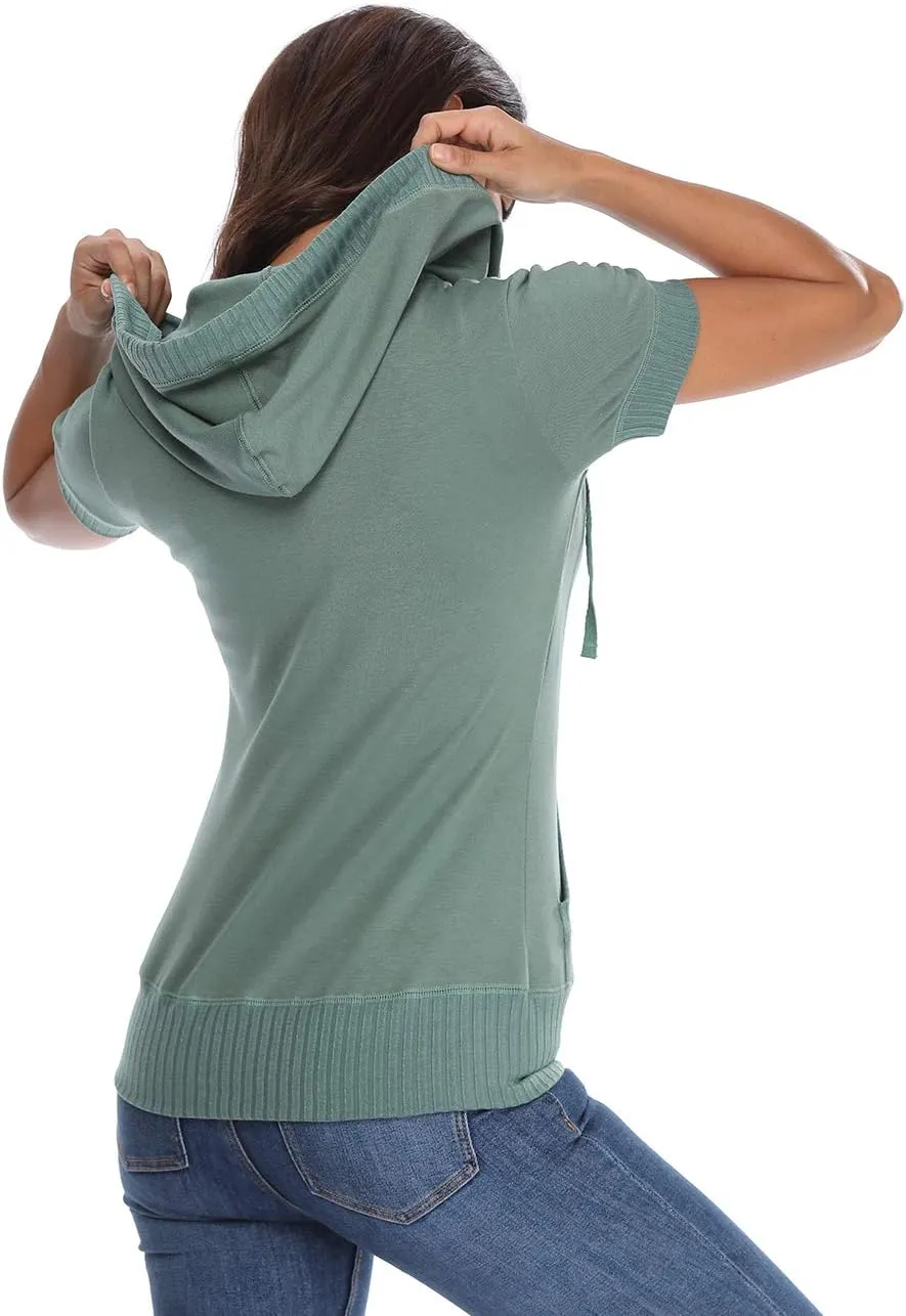 MISS MOLY Women's Short Sleeve Hoodie Full Zip Up Cotton Slim Fit Sweatshirt with Pocket