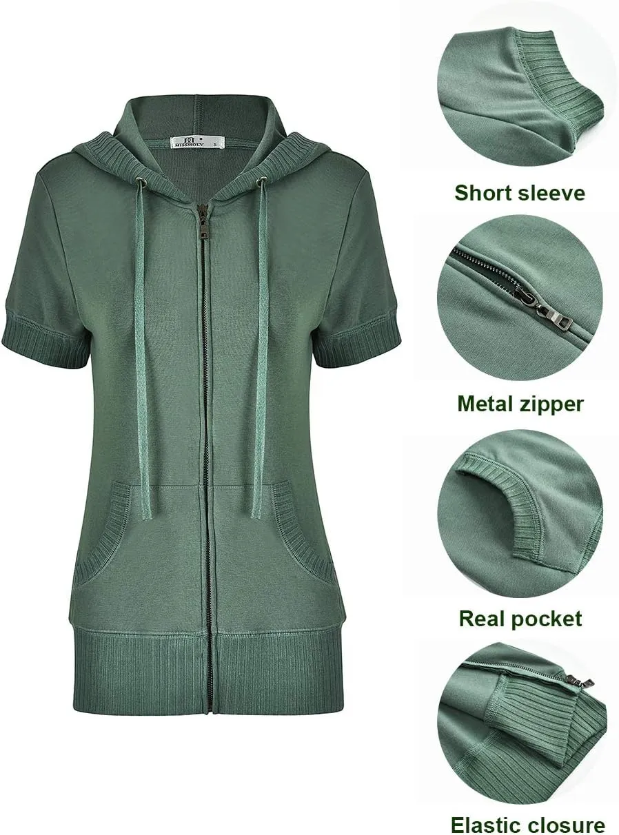 MISS MOLY Women's Short Sleeve Hoodie Full Zip Up Cotton Slim Fit Sweatshirt with Pocket