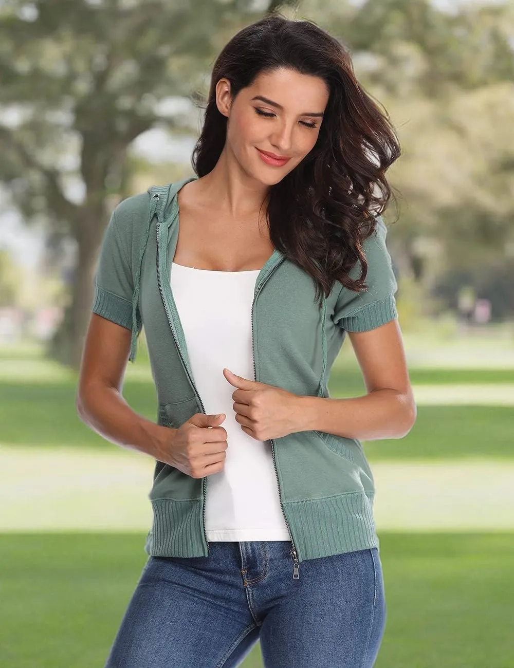MISS MOLY Women's Short Sleeve Hoodie Full Zip Up Cotton Slim Fit Sweatshirt with Pocket