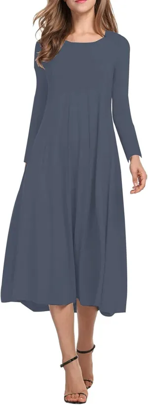 Necooer Women's Casual Loose Plain Pleated Long Dress Short Sleeve Midi Dresses