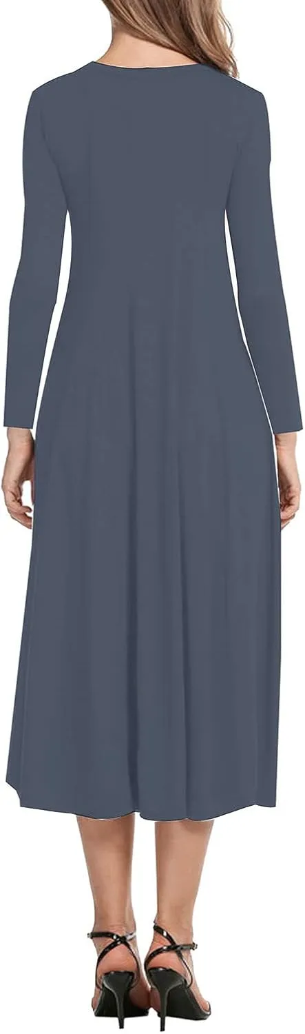 Necooer Women's Casual Loose Plain Pleated Long Dress Short Sleeve Midi Dresses