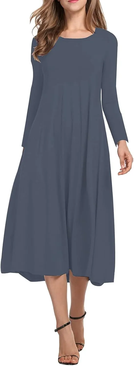 Necooer Women's Casual Loose Plain Pleated Long Dress Short Sleeve Midi Dresses