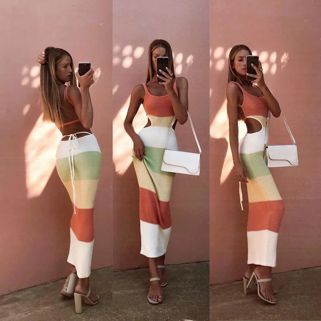 NUFIWI Women Backless Hollow Out Long Dress Sexy Knitted Maxi Dress Bodycon Spaghetti Strap Cocktail Party Midi Dress