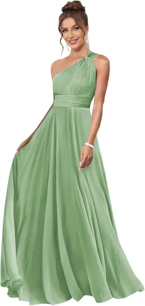 One Shoulder Bridesmaid Dresses for Wedding Chiffon A Line Pleated Long Formal Prom Dress with Pockets