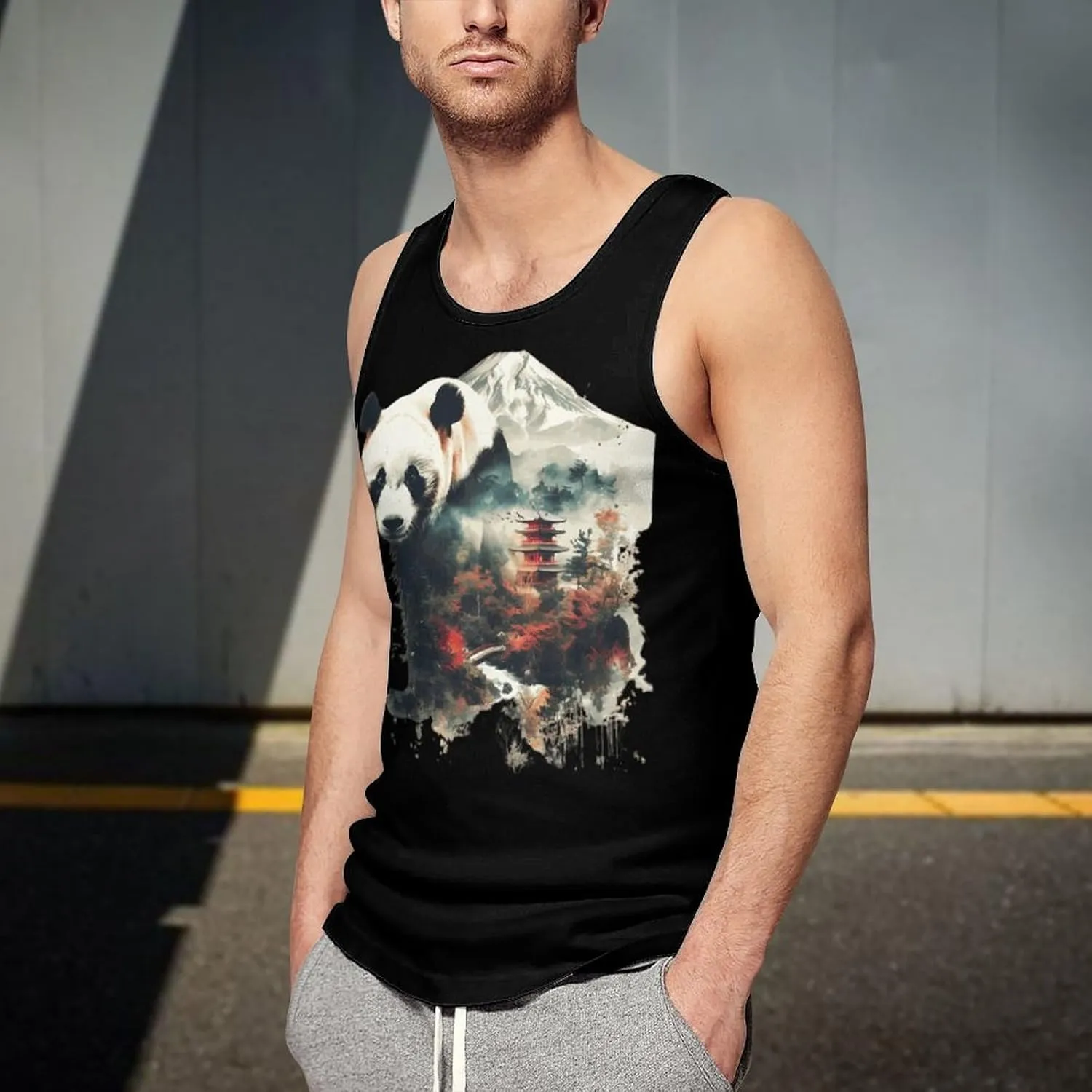 Panda Landscape Mountain Mens Tank Top Undershirt Crewneck Sleeveless Summer Tee Shirt