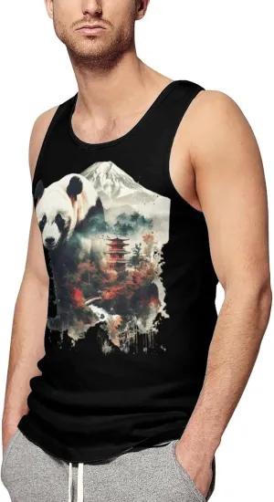 Panda Landscape Mountain Mens Tank Top Undershirt Crewneck Sleeveless Summer Tee Shirt