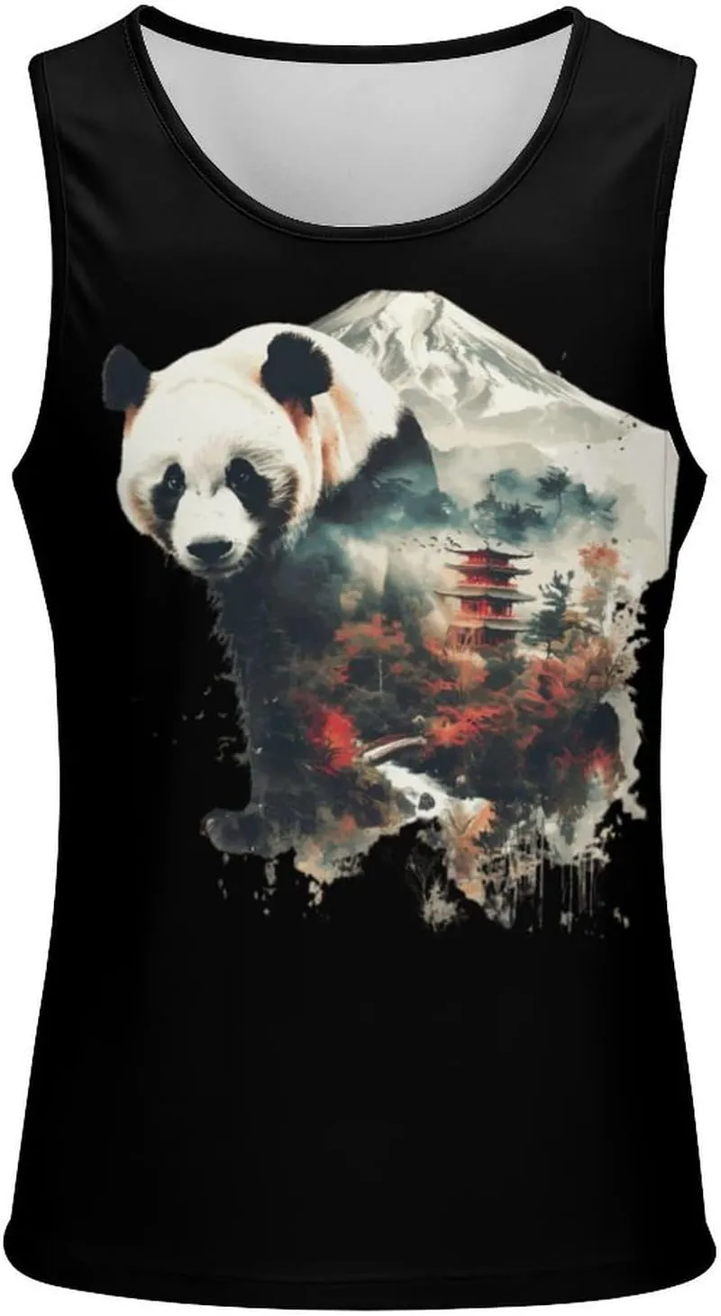 Panda Landscape Mountain Mens Tank Top Undershirt Crewneck Sleeveless Summer Tee Shirt