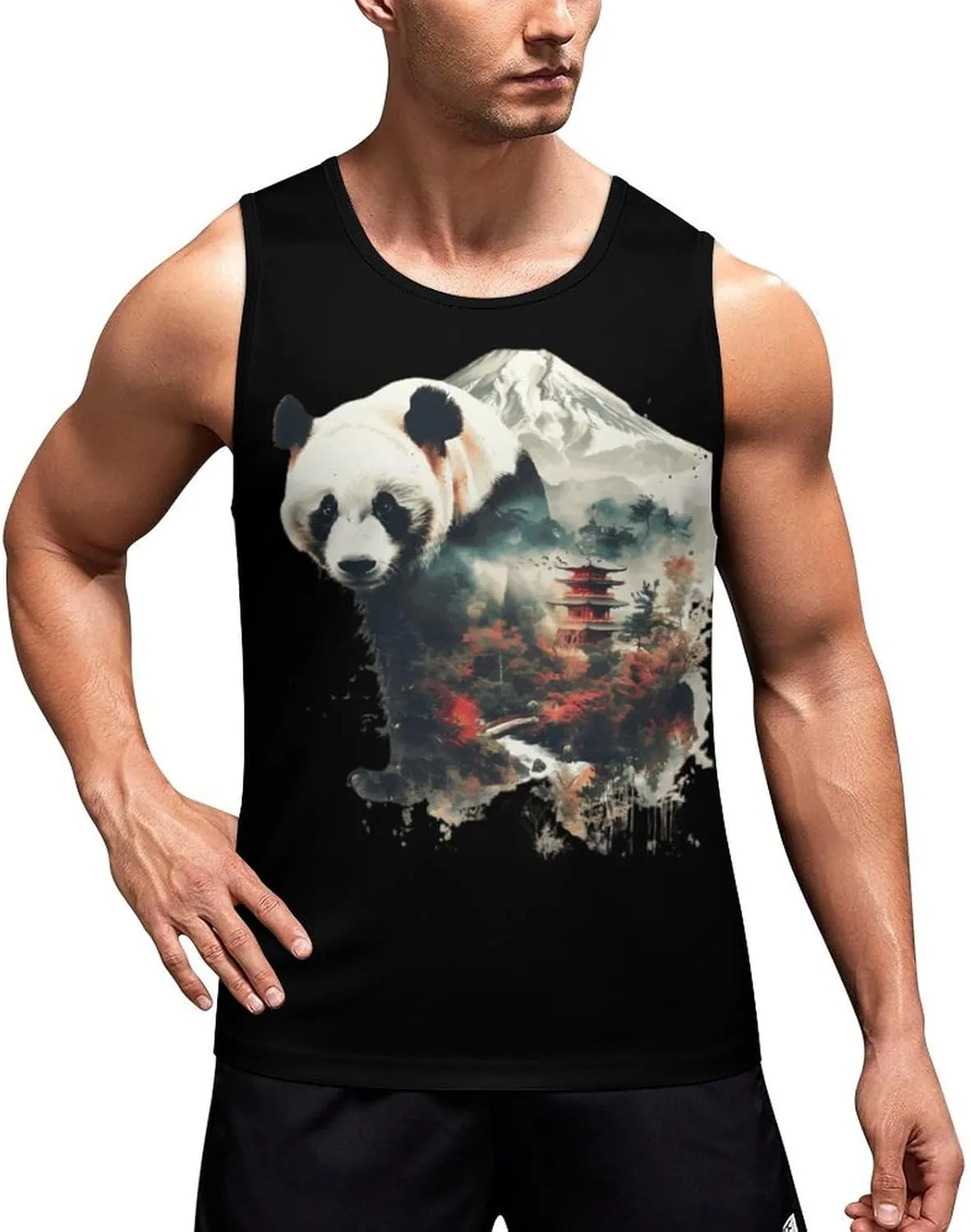 Panda Landscape Mountain Mens Tank Top Undershirt Crewneck Sleeveless Summer Tee Shirt