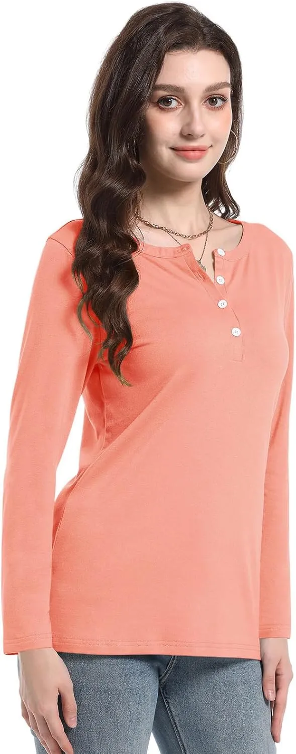 PGANDS Women's Long Sleeve Button Down T Shirts Scoop Neck Casual Tunic Tops