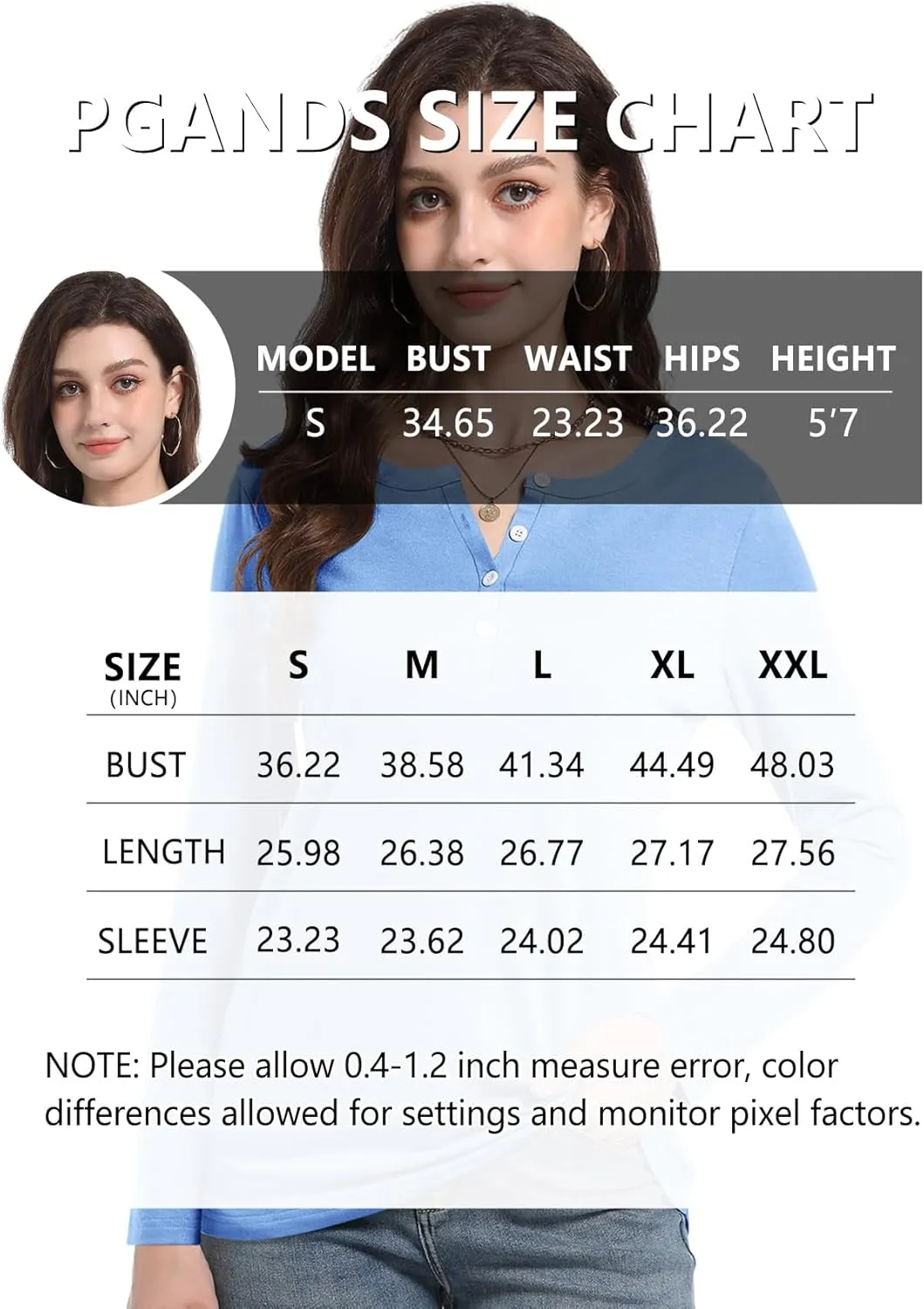 PGANDS Women's Long Sleeve Button Down T Shirts Scoop Neck Casual Tunic Tops