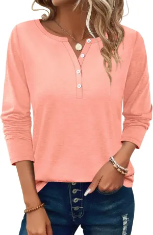 PGANDS Women's Long Sleeve Button Down T Shirts Scoop Neck Casual Tunic Tops