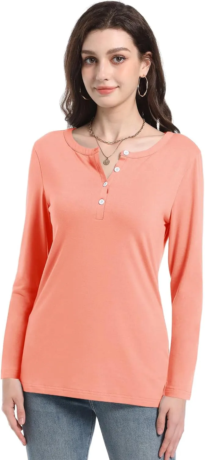 PGANDS Women's Long Sleeve Button Down T Shirts Scoop Neck Casual Tunic Tops