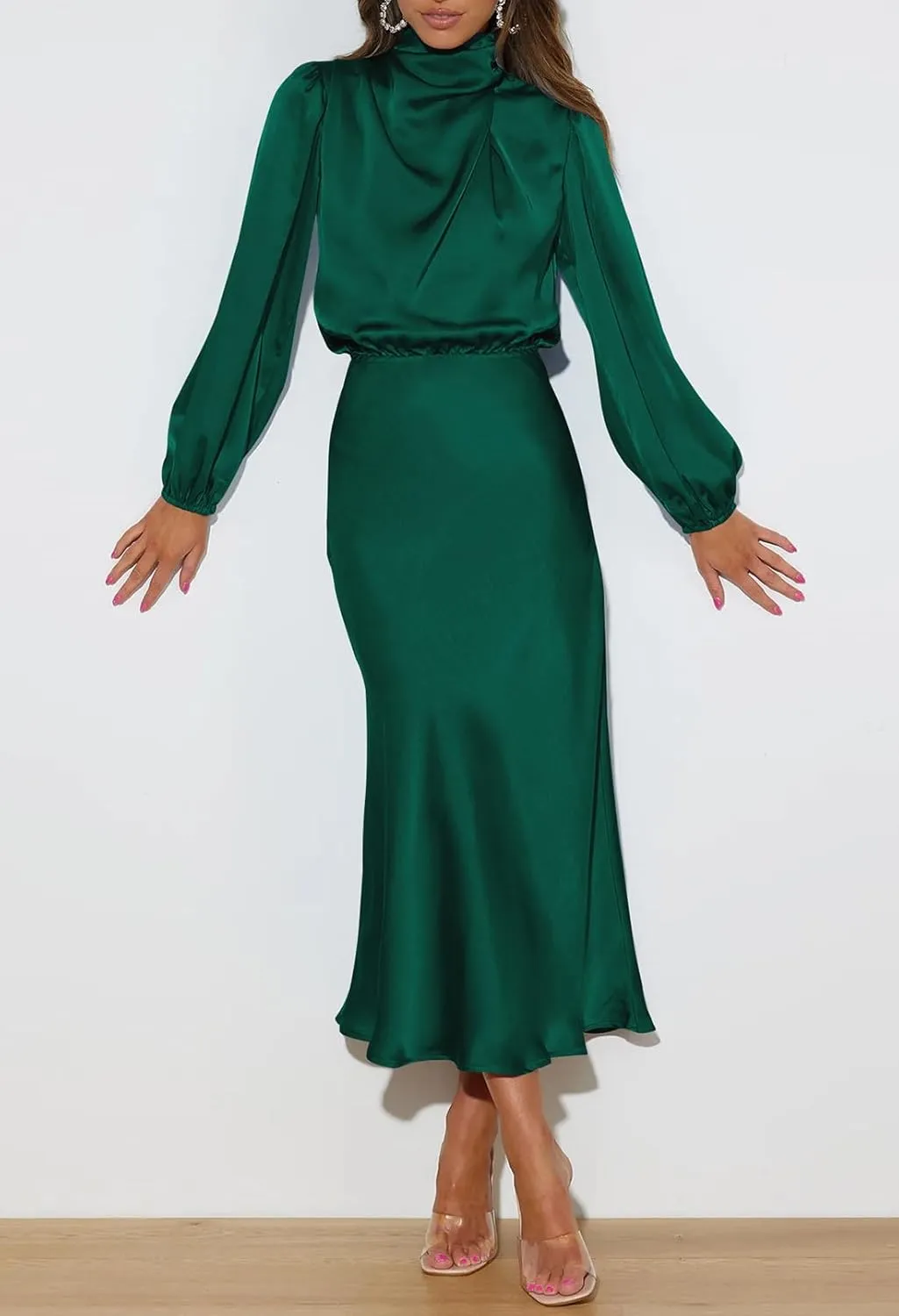Pink Queen Women's Elegant Long Sleeve Satin Dress Mock Neck Elastic Waist Cocktail Party Wedding Guest Midi Dresses