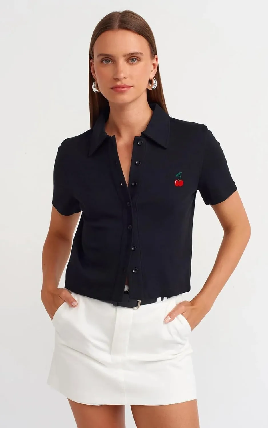 PIRAL Women's Cherry Embroidered Polo Shirt  100% Cotton, Classic Button-Up Design with Playful Chest Detail