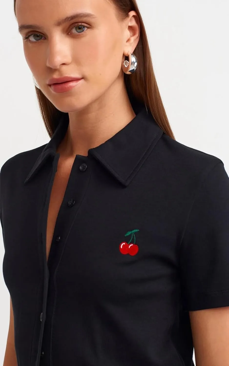 PIRAL Women's Cherry Embroidered Polo Shirt  100% Cotton, Classic Button-Up Design with Playful Chest Detail