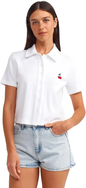 PIRAL Women's Cherry Embroidered Polo Shirt  100% Cotton, Classic Button-Up Design with Playful Chest Detail
