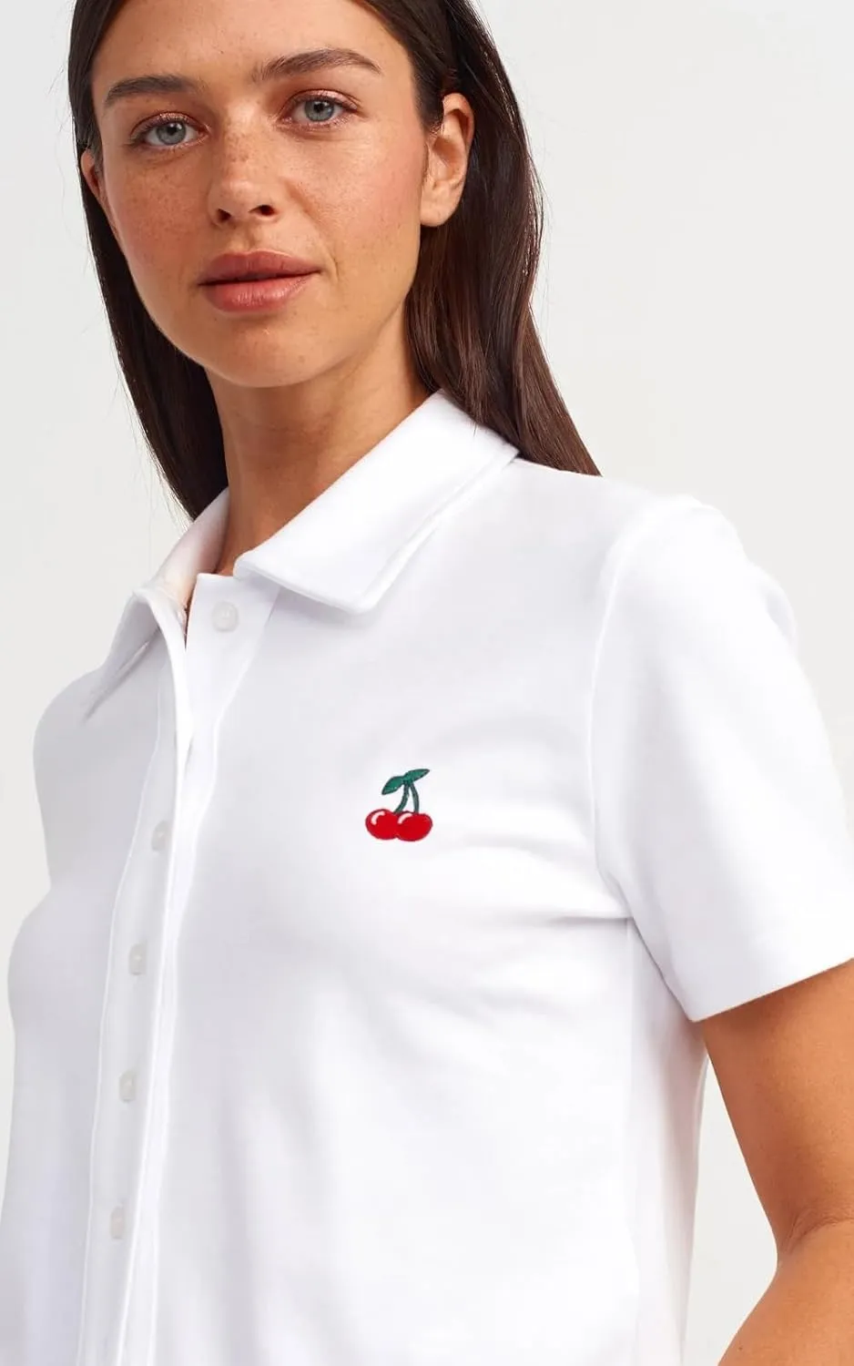 PIRAL Women's Cherry Embroidered Polo Shirt  100% Cotton, Classic Button-Up Design with Playful Chest Detail