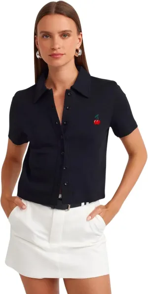 PIRAL Women's Cherry Embroidered Polo Shirt  100% Cotton, Classic Button-Up Design with Playful Chest Detail
