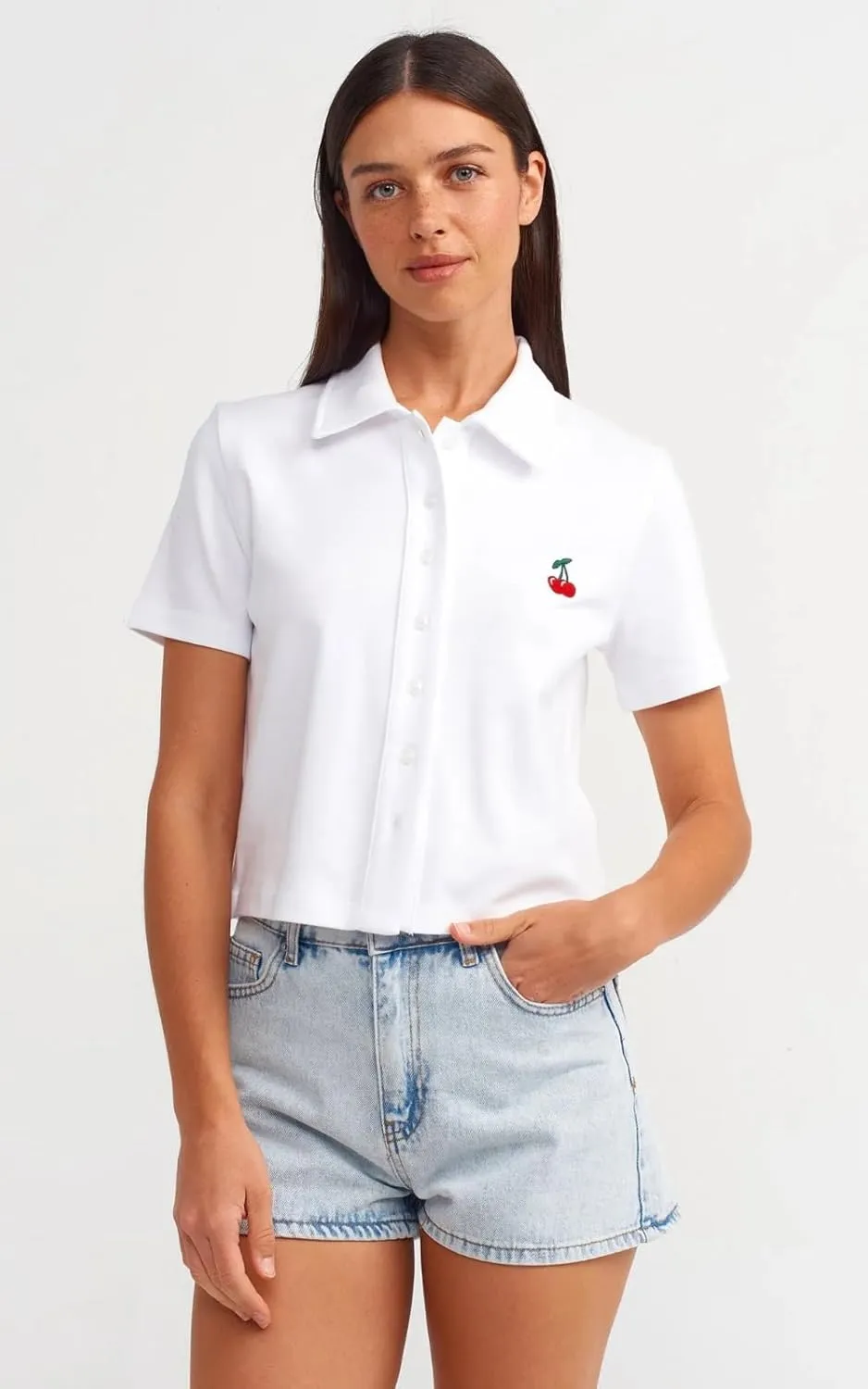 PIRAL Women's Cherry Embroidered Polo Shirt  100% Cotton, Classic Button-Up Design with Playful Chest Detail