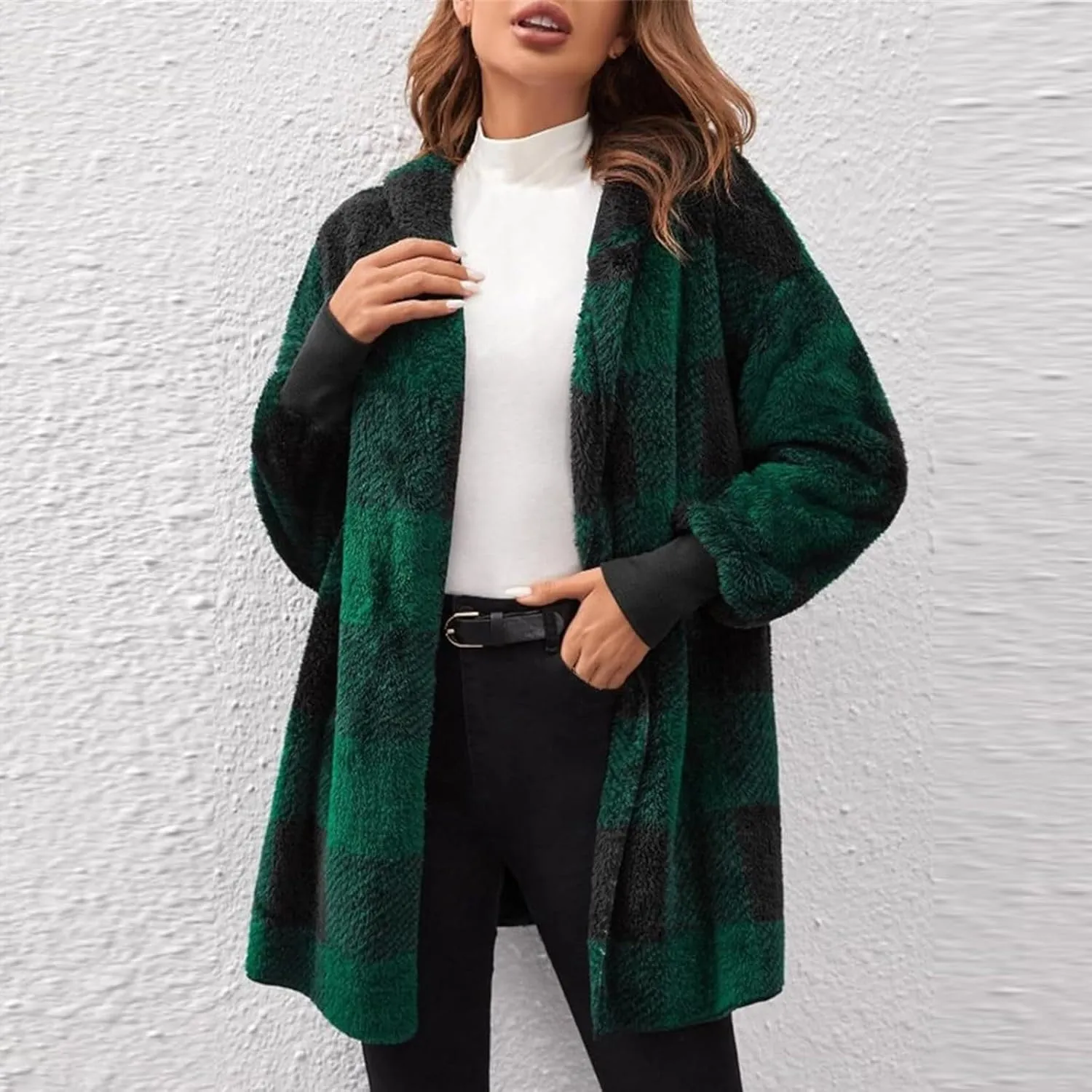 Plaid Shacket Women Sherpa Jacket Open Front Long Sleeve Hooded Cardigan Sweaters Casual Fall Fuzzy Teddy Bear Coat