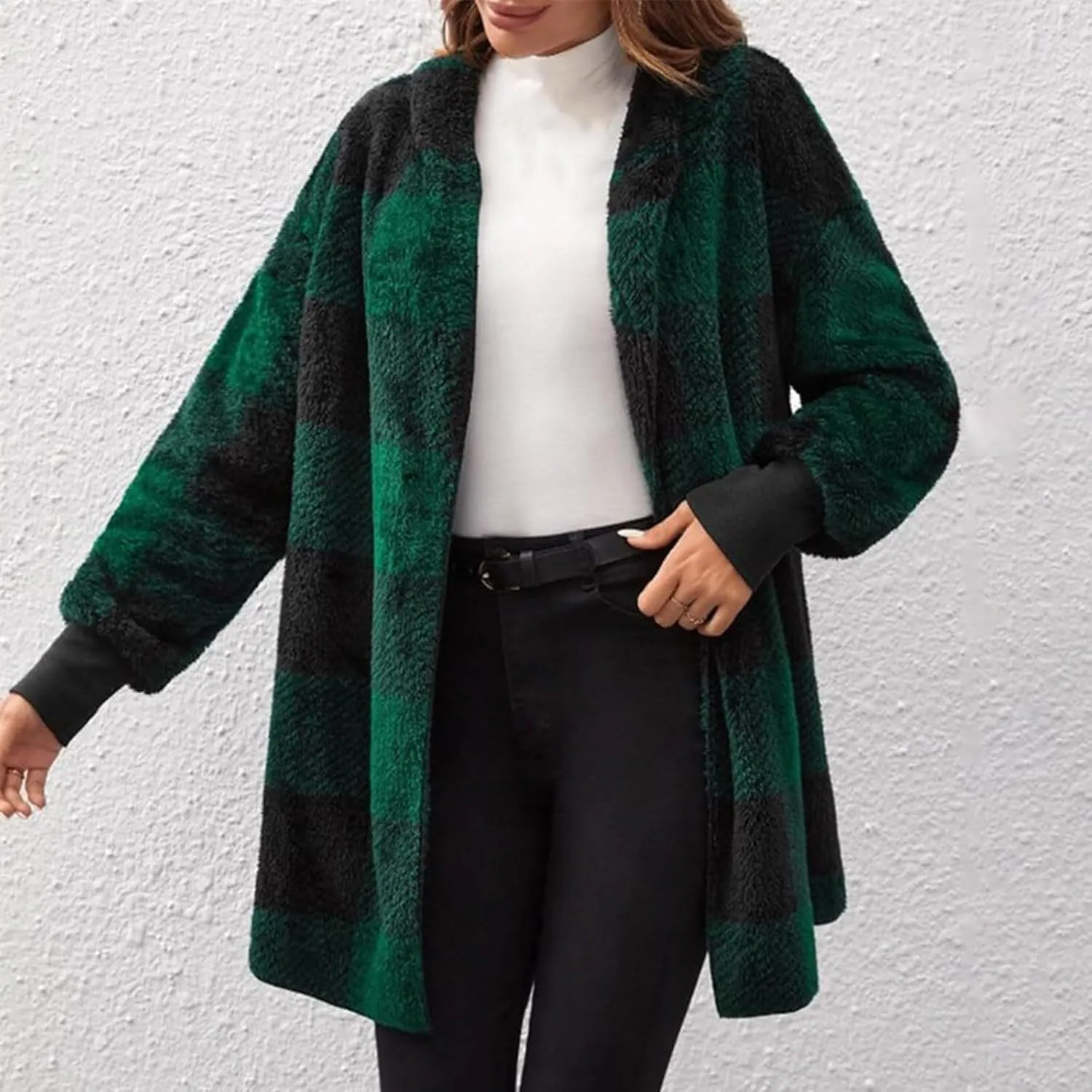 Plaid Shacket Women Sherpa Jacket Open Front Long Sleeve Hooded Cardigan Sweaters Casual Fall Fuzzy Teddy Bear Coat