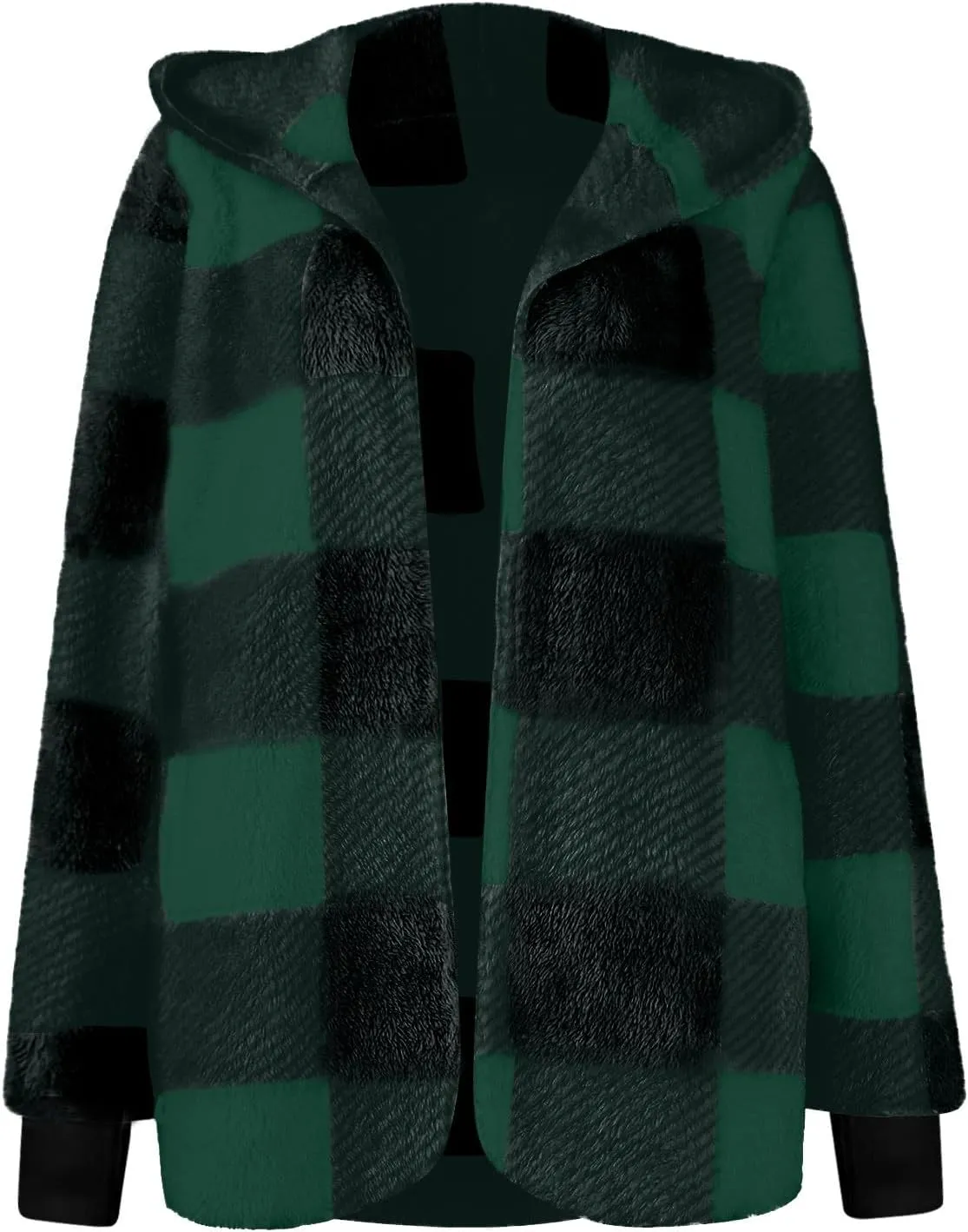 Plaid Shacket Women Sherpa Jacket Open Front Long Sleeve Hooded Cardigan Sweaters Casual Fall Fuzzy Teddy Bear Coat