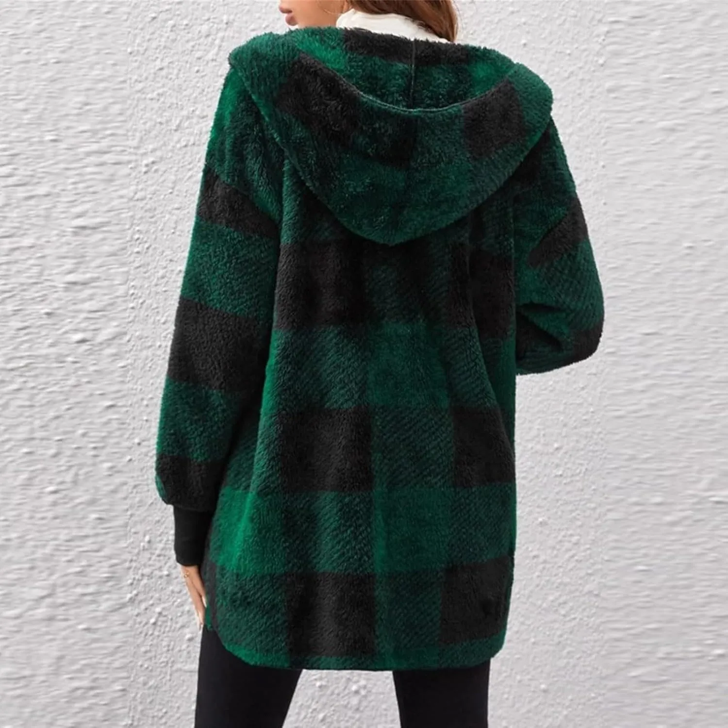 Plaid Shacket Women Sherpa Jacket Open Front Long Sleeve Hooded Cardigan Sweaters Casual Fall Fuzzy Teddy Bear Coat