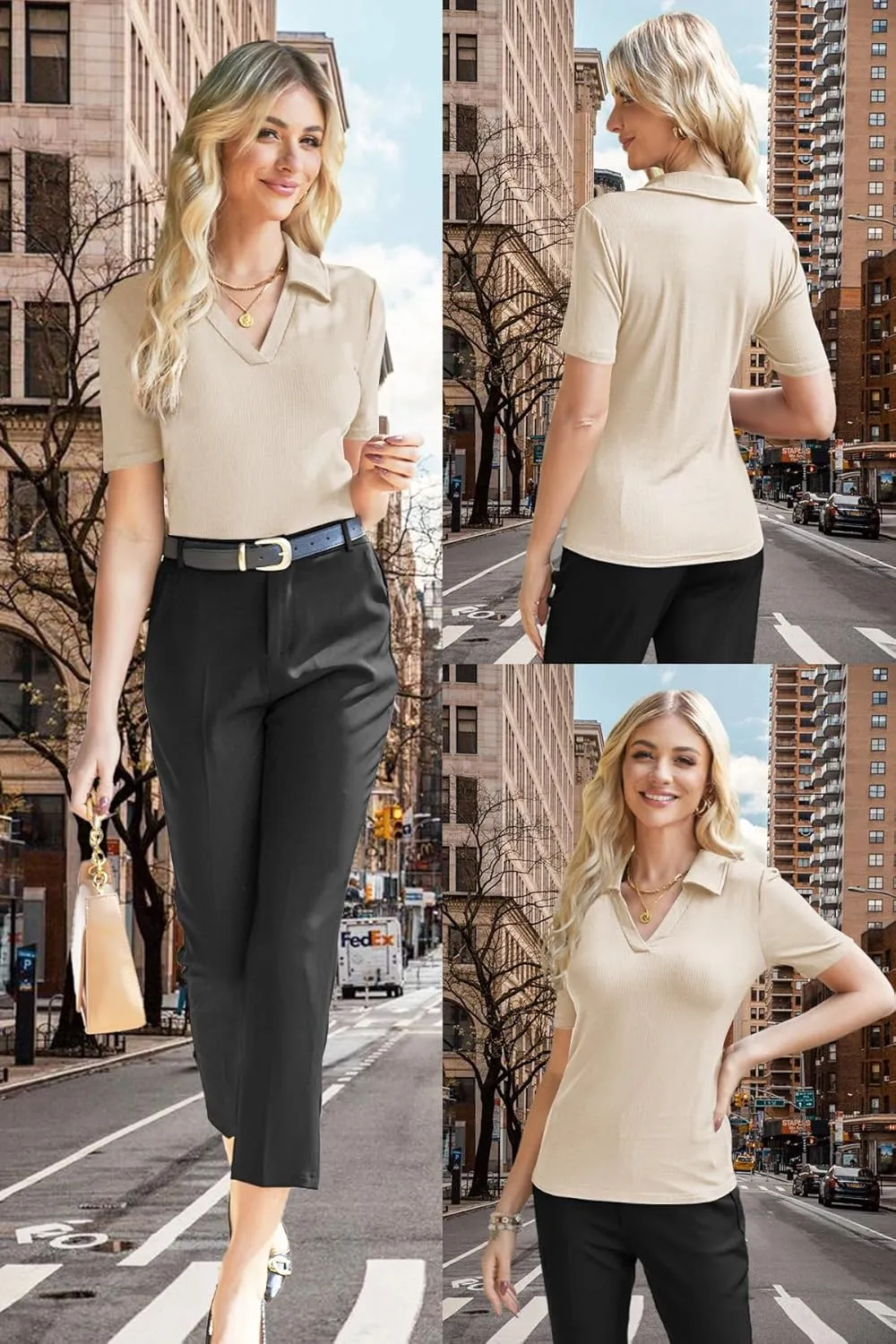 Poetsky Women's Short Sleeve Polo Shirts Summer V Neck Business Casual Tops Fitted Collared Work Blouses