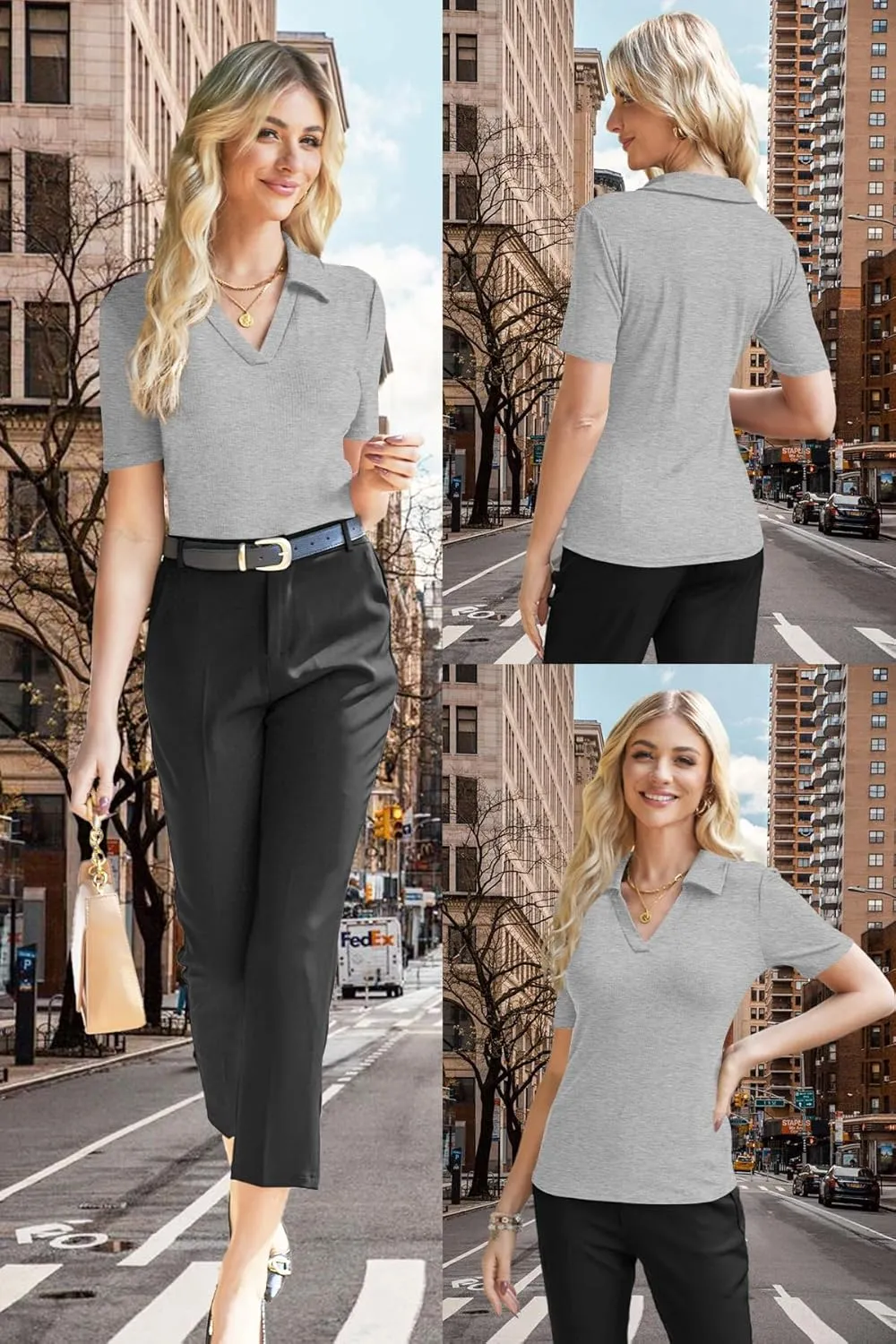 Poetsky Women's Short Sleeve Polo Shirts Summer V Neck Business Casual Tops Fitted Collared Work Blouses