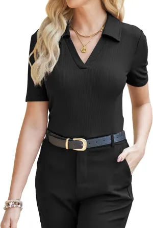 Poetsky Women's Short Sleeve Polo Shirts Summer V Neck Business Casual Tops Fitted Collared Work Blouses