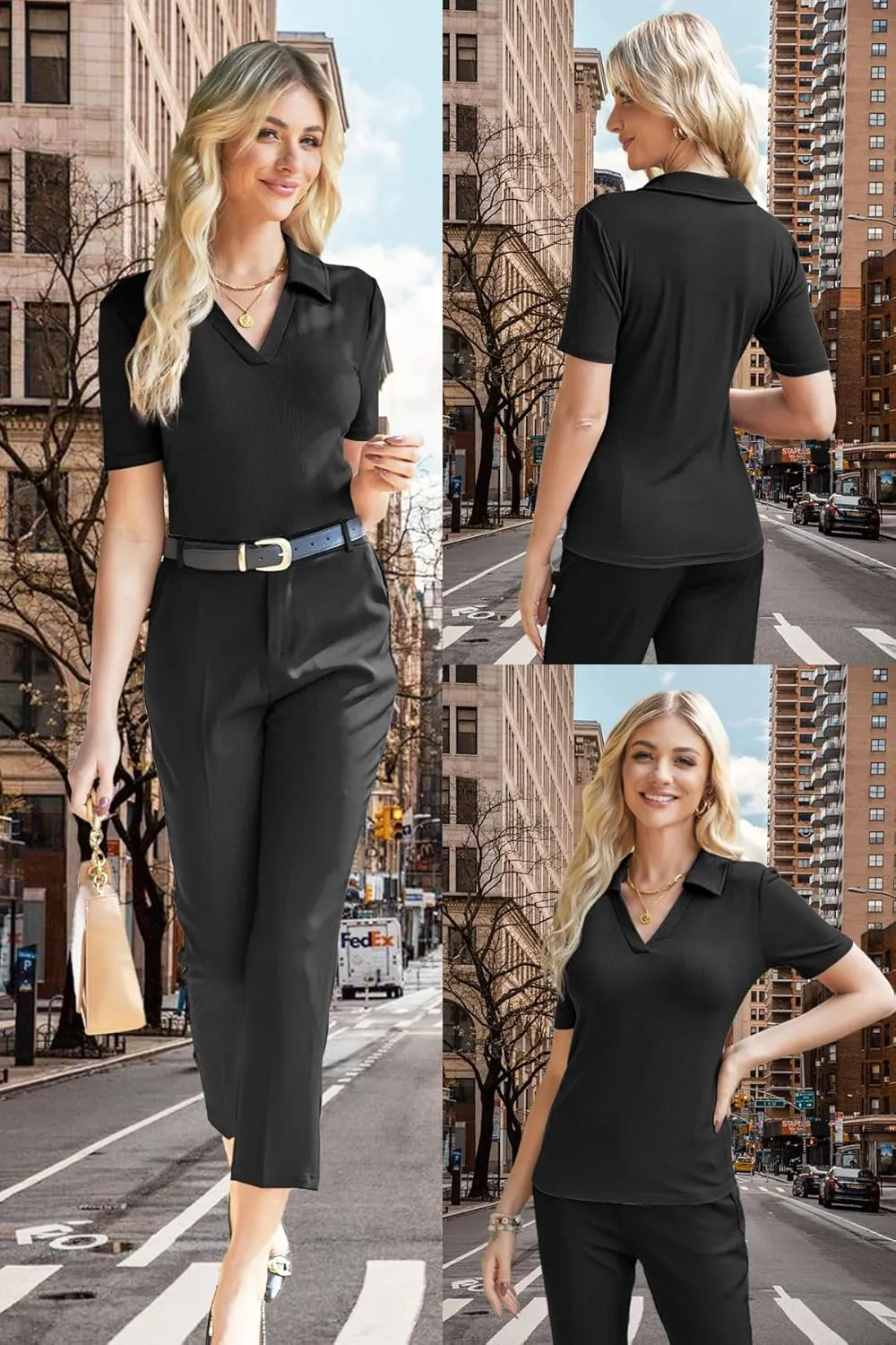 Poetsky Women's Short Sleeve Polo Shirts Summer V Neck Business Casual Tops Fitted Collared Work Blouses