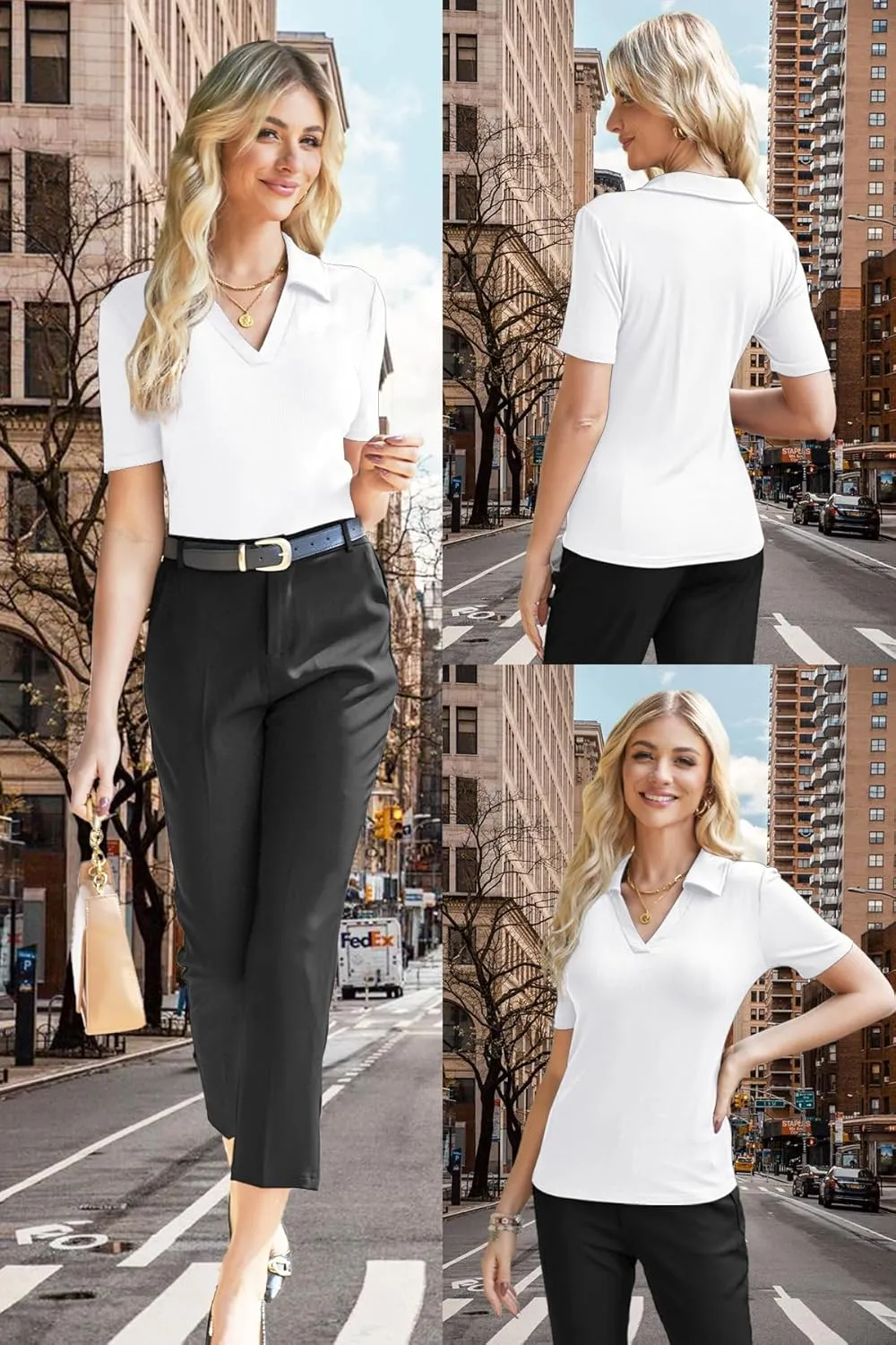 Poetsky Women's Short Sleeve Polo Shirts Summer V Neck Business Casual Tops Fitted Collared Work Blouses