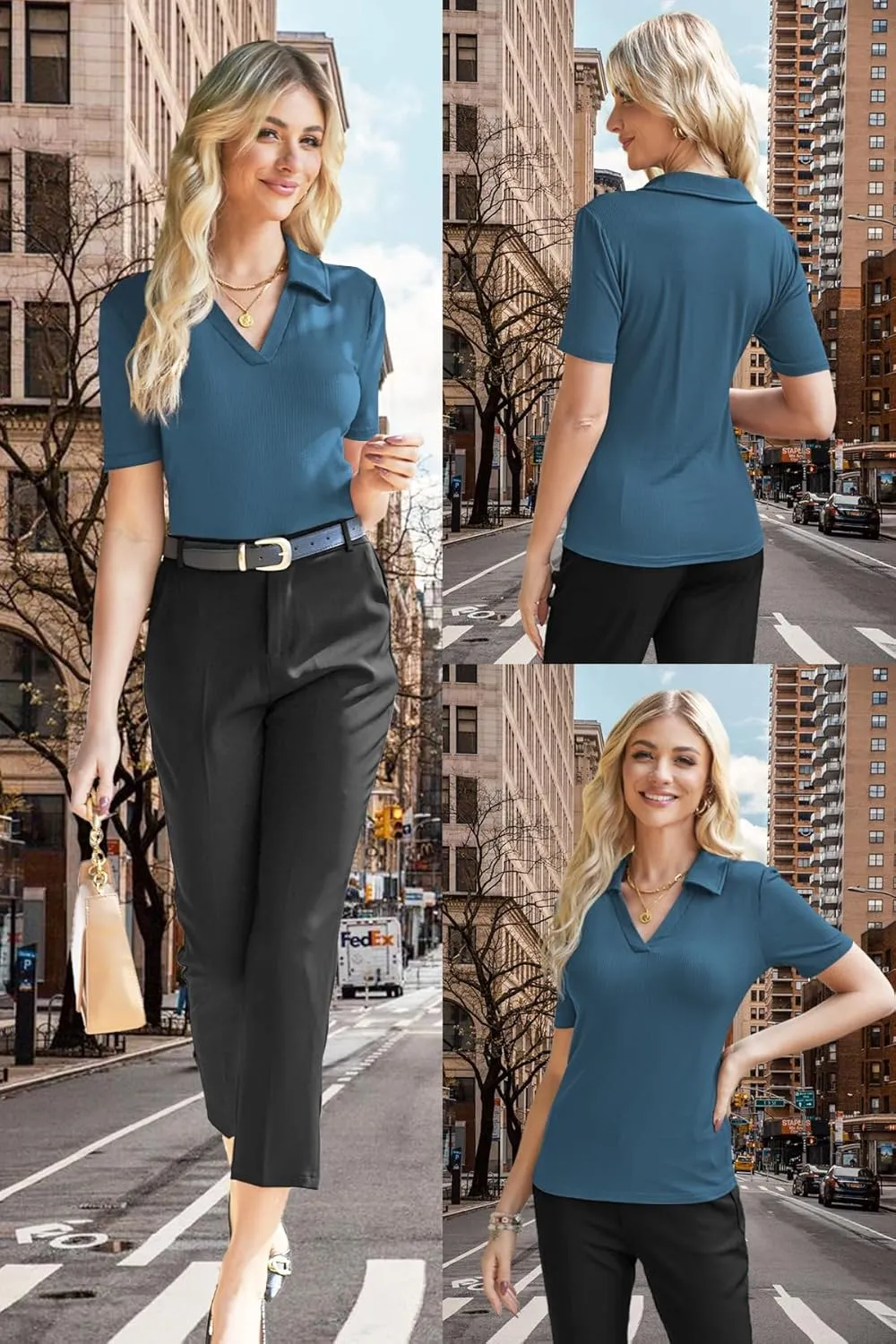 Poetsky Women's Short Sleeve Polo Shirts Summer V Neck Business Casual Tops Fitted Collared Work Blouses