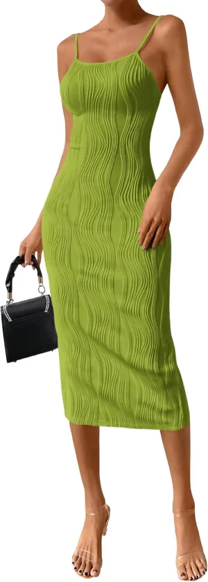 PRETTYGARDEN Women's 2025 Summer Sleeveless Bodycon Dress Textured Back Slit Sexy Cocktail Party Midi Dresses
