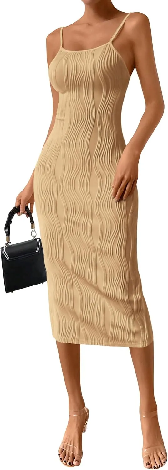 PRETTYGARDEN Women's 2025 Summer Sleeveless Bodycon Dress Textured Back Slit Sexy Cocktail Party Midi Dresses