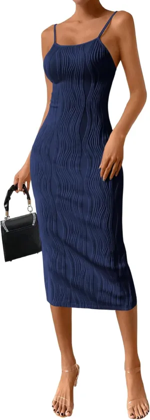PRETTYGARDEN Women's 2025 Summer Sleeveless Bodycon Dress Textured Back Slit Sexy Cocktail Party Midi Dresses