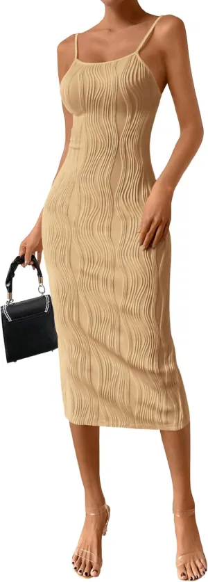 PRETTYGARDEN Women's 2025 Summer Sleeveless Bodycon Dress Textured Back Slit Sexy Cocktail Party Midi Dresses