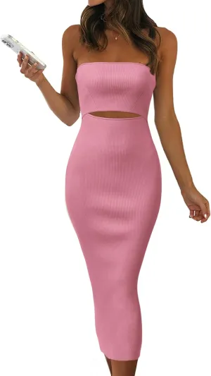 PRETTYGARDEN Women's Summer Midi Bodycon Dress Strapless Cut Out Knit Tube Long Fitted Dresses