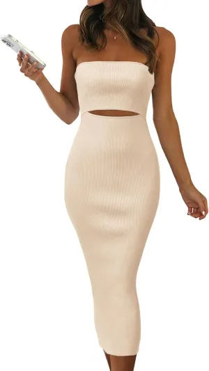 PRETTYGARDEN Women's Summer Midi Bodycon Dress Strapless Cut Out Knit Tube Long Fitted Dresses