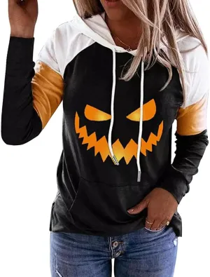 QIANRUO Halloween Hoodie Tshirt for Women Pumpkin Face Graphic Tees Tops Long Sleeve Color Block Pullover Shirt