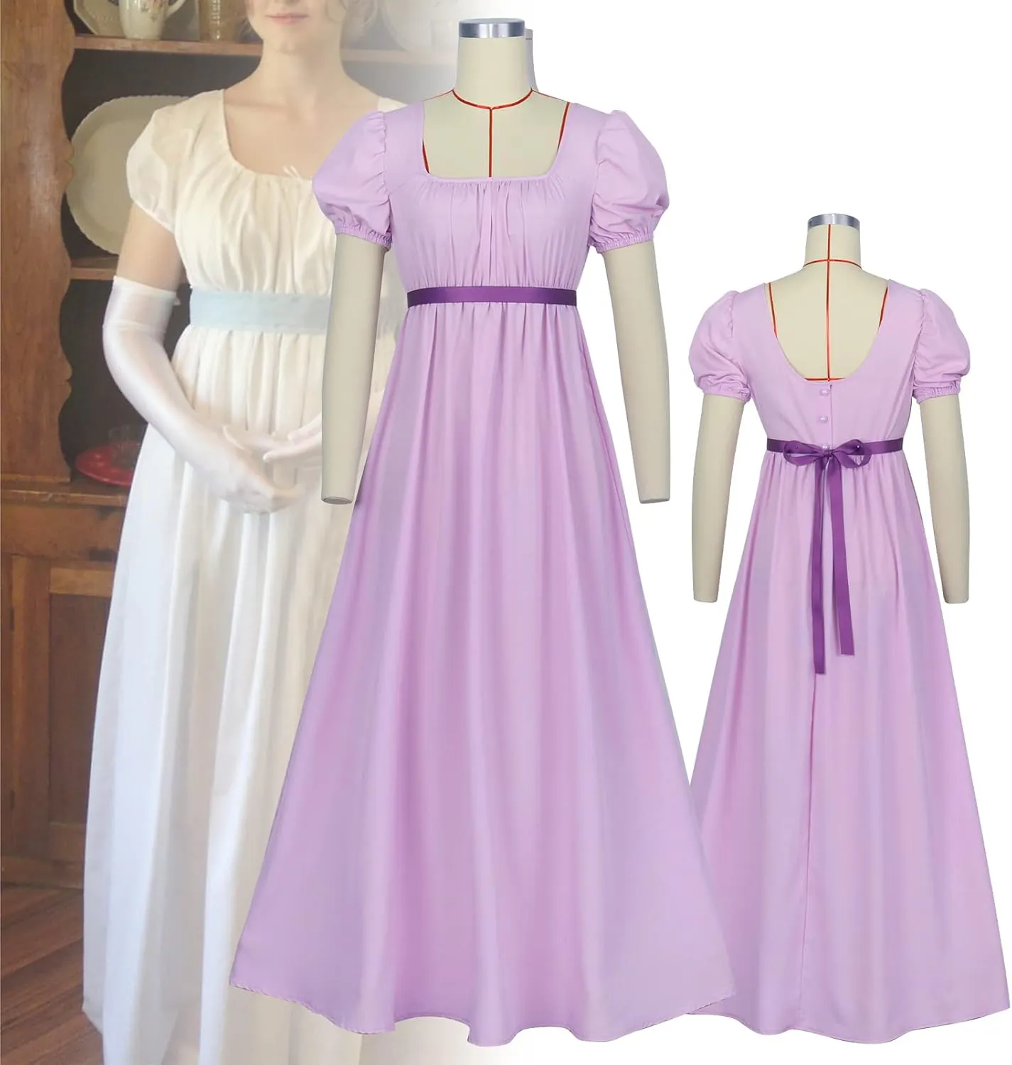 Regency Dresses for Women with Satin Sash Ruffled Puff Sleeve Empire Waist Dress Gown