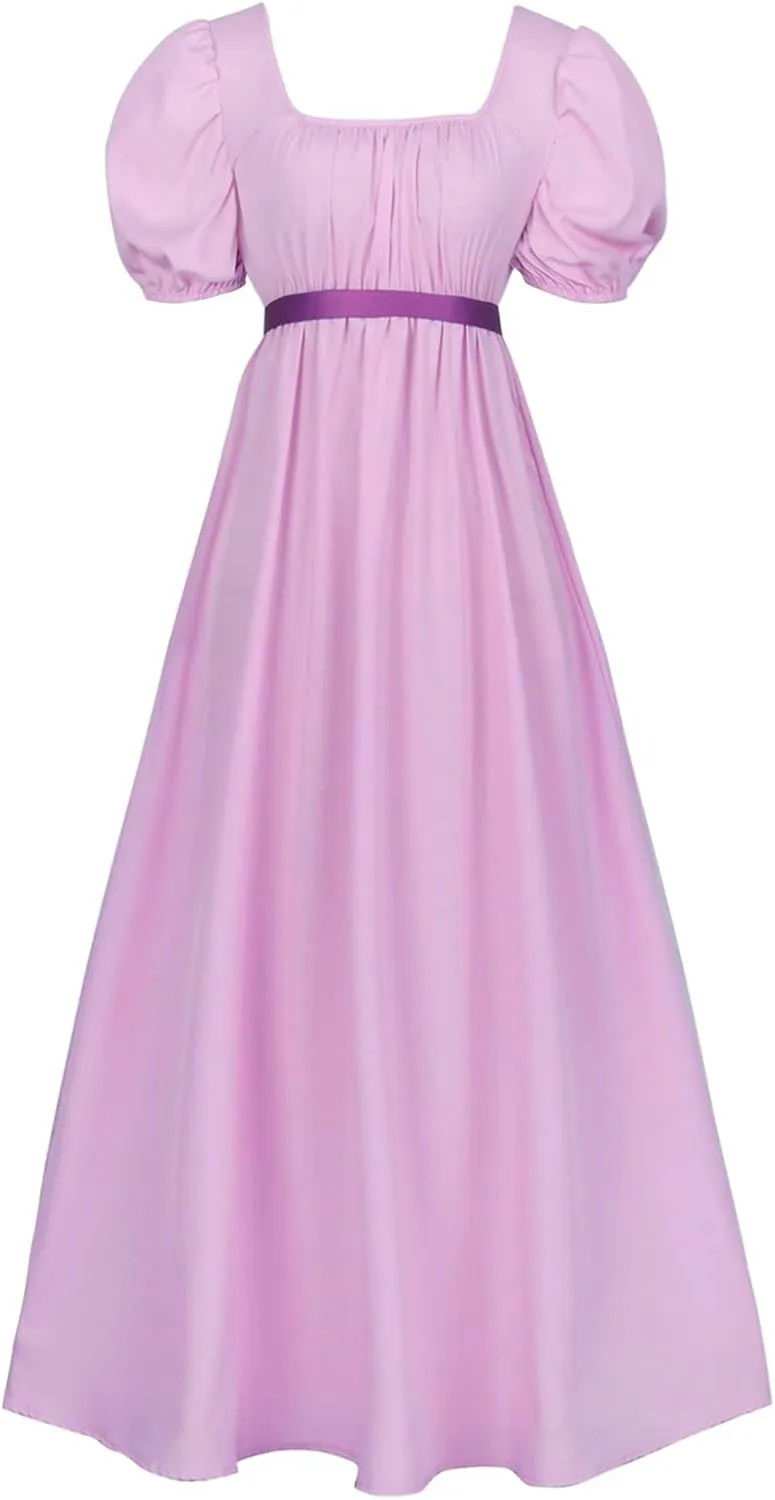 Regency Dresses for Women with Satin Sash Ruffled Puff Sleeve Empire Waist Dress Gown