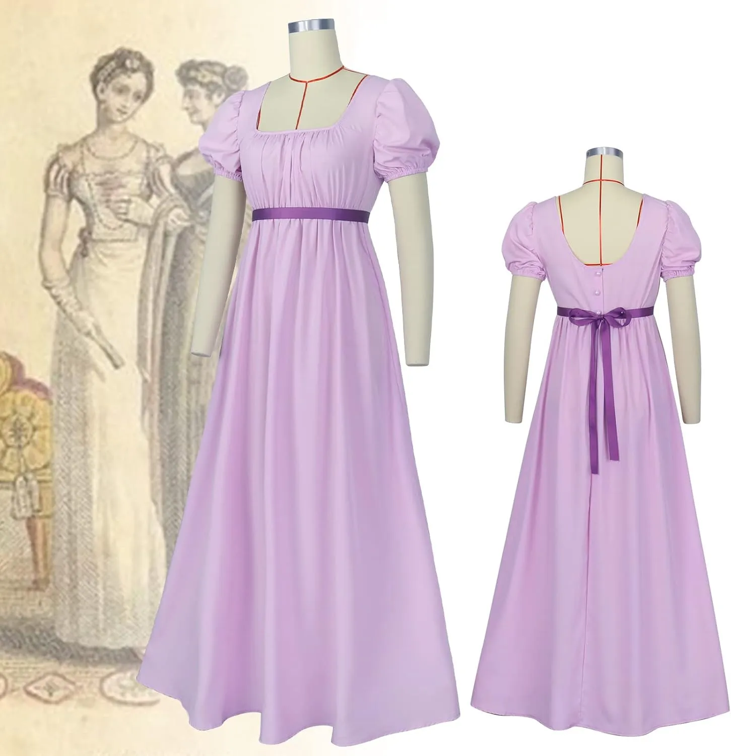 Regency Dresses for Women with Satin Sash Ruffled Puff Sleeve Empire Waist Dress Gown