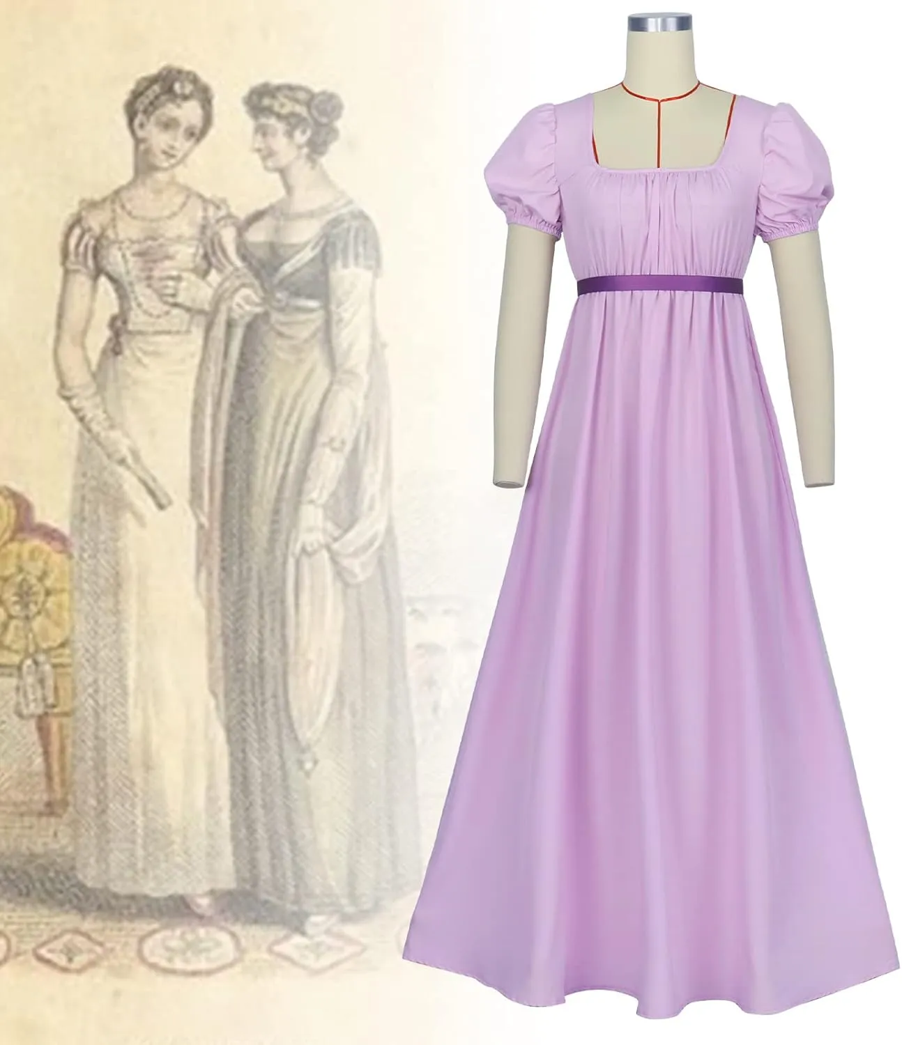 Regency Dresses for Women with Satin Sash Ruffled Puff Sleeve Empire Waist Dress Gown