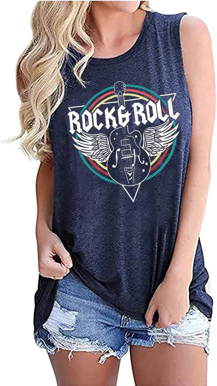 Rock & Roll Tank Top for Women Vintage Country Music Shirts Rock Concert Band Tees Summer Sleeveless Graphic Tops