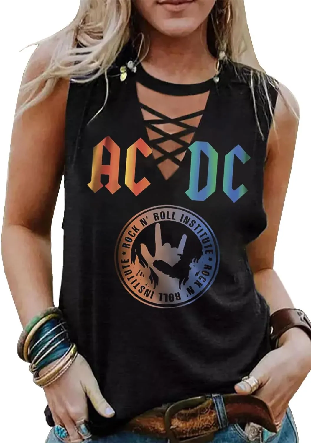 Rock N' Roll Institute Tank Top for Women Retro Country Music Shirt Rock Concert Band Tees Cool Graphic Sleeveless Top