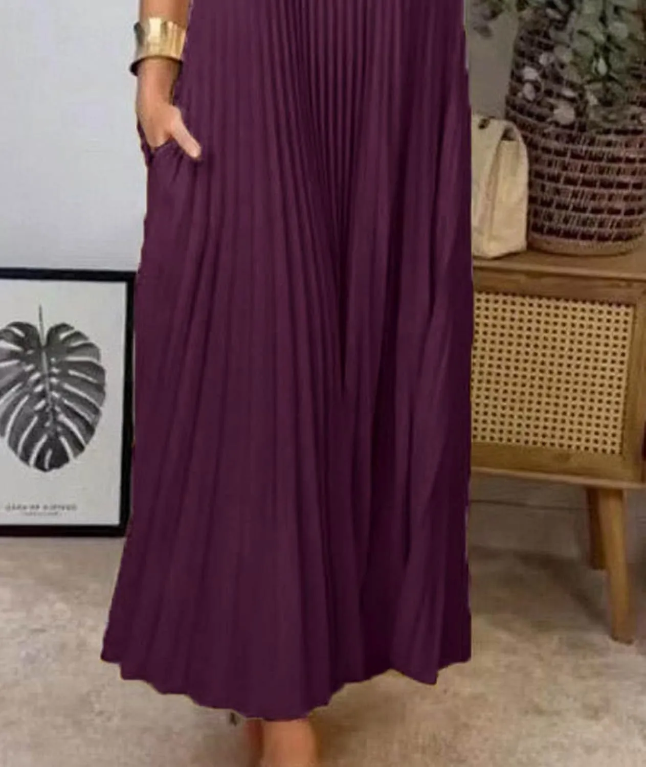 SEMATOMALA Women's Pleated Short Sleeve Maxi Dress Crewneck Loose Fit Flowy Swing Long Dress with Pockets